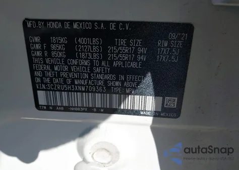 2022 Honda Hr-V 2Wd Lx z USA, uszkodzony, nr VIN 3CZRU5H3XNM709363